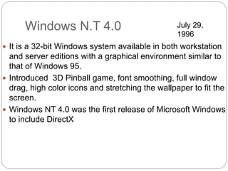 Windows N.T 4.0
 It is a 32-bit Windows system available in both workstation
and server editions with a graphical environment similar to
that of Windows 95.
 Introduced 3D Pinball game, font smoothing, full window
drag, high color icons and stretching the wallpaper to fit the
screen.
 Windows NT 4.0 was the first release of Microsoft Windows
to include DirectX
July 29,
1996
 