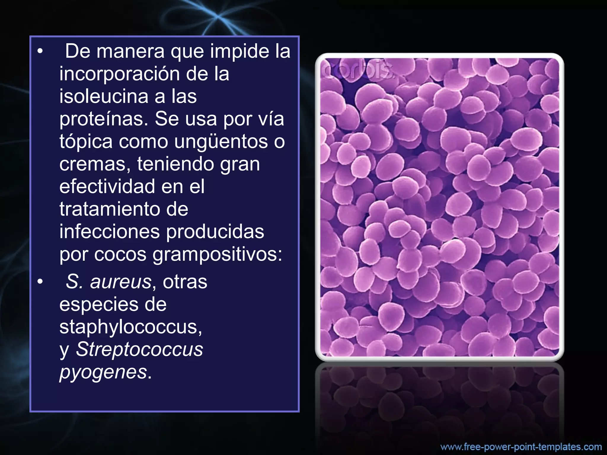 •  De manera que impide la 
incorporación de la 
isoleucina a las 
proteínas. Se usa por vía 
tópica como ungüentos o 
cremas, teniendo gran 
efectividad en el 
tratamiento de 
infecciones producidas 
por cocos grampositivos:
•  S. aureus, otras 
especies de 
staphylococcus, 
y Streptococcus
pyogenes.
 