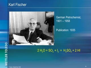 Karl Fischer


                                      German Petrochemist,
                                      1901 – 1958


                                      Publication: 1935




                         2 H2O + SO2 + I2 = H2SO4 + 2 HI



Taiwan, September 2002                                       20
 