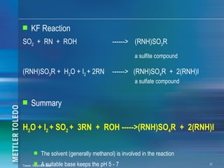 s     KF Reaction
SO2 + RN + ROH                                ------> (RNH)SO3R
                                                        a sulfite compound

(RNH)SO3R + H2O + I2 + 2RN                    ------> (RNH)SO4R + 2(RNH)I
                                                        a sulfate compound


s     Summary

H2O + I2 + SO2 + 3RN + ROH ----->(RNH)SO4R + 2(RNH)I

        s     The solvent (generally methanol) is involved in the reaction
         s    A suitable base keeps the pH 5 - 7
Taiwan, September 2002                                                       21
 