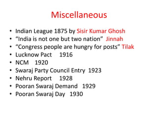 Miscellaneous
•   Indian League 1875 by Sisir Kumar Ghosh
•   “India is not one but two nation” Jinnah
•   “Congress people are hungry for posts” Tilak
•   Lucknow Pact 1916
•   NCM 1920
•   Swaraj Party Council Entry 1923
•   Nehru Report 1928
•   Pooran Swaraj Demand 1929
•   Pooran Swaraj Day 1930
 