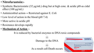 • Nitrofurantoin:-
• Synthetic Bacteriostatic (32 μg/mL) drug but at high conc. & acidic pH-as cidal
effect (100 μg/mL)
• Antimicrobial action→ Restricted against E. Coli
• Low level of action in the blood (pH 7.4)
• More active in acidic pH
• Resistance develops rapidly
• Mechanism of Action :-
It is reduced by bacterial enzymes to DNA toxic compounds
↓↓
Damage to the DNA
↓↓
As a result cell Death occurs
 