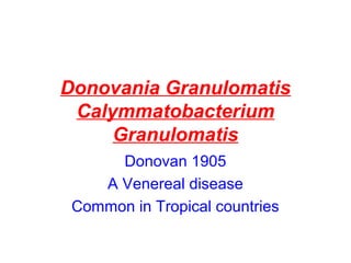 Donovania Granulomatis
Calymmatobacterium
Granulomatis
Donovan 1905
A Venereal disease
Common in Tropical countries
 