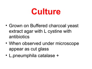 Culture
• Grown on Buffered charcoal yeast
extract agar with L cystine with
antibiotics
• When observed under microscope
appear as cut glass
• L.pneumphila catalase +
 