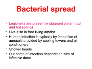 Bacterial spread
• Legionella are present in stagnant water mud
and hot springs
• Live also in free living ameba
• Human infection is typically by inhalation of
aerosols provided by cooling towers and air
conditioners
• Shower heads
• Out come of infection depends on size of
infective dose
 