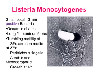 Listeria Monocytogenes
Small cocal Gram
positive Bacteria
•Occurs in chains
•Long filamentous forms
•Tumbling motility at
250
c and non motile
at 370
c
Peritrichous flagella
Aerobic and
Microaerophilic
Growth at 40
c
 