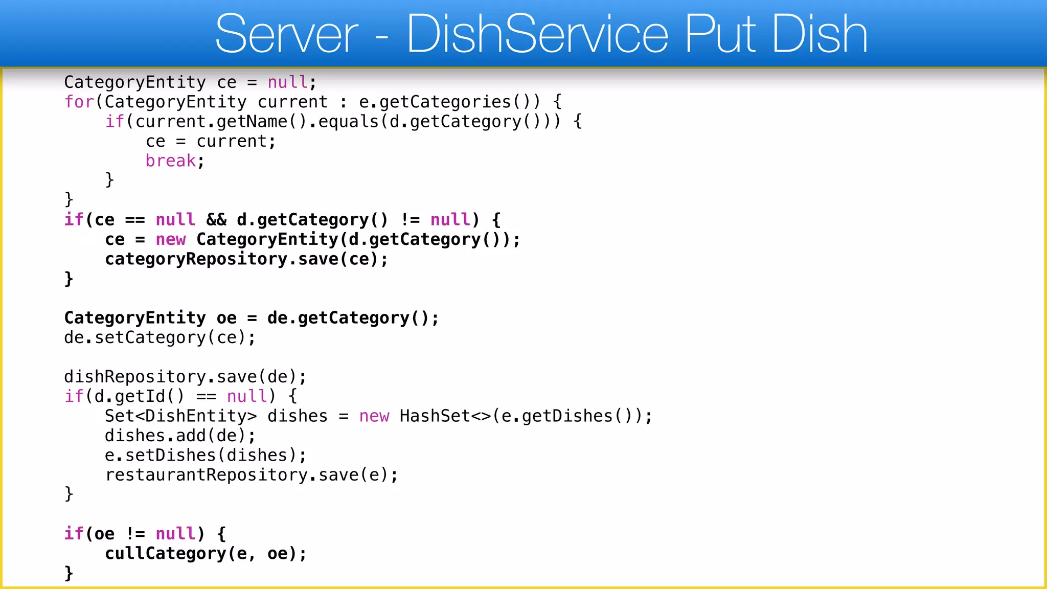 CategoryEntity ce = null;
for(CategoryEntity current : e.getCategories()) {
if(current.getName().equals(d.getCategory())) {
ce = current;
break;
}
}
if(ce == null && d.getCategory() != null) {
ce = new CategoryEntity(d.getCategory());
categoryRepository.save(ce);
}
CategoryEntity oe = de.getCategory();
de.setCategory(ce);
dishRepository.save(de);
if(d.getId() == null) {
Set<DishEntity> dishes = new HashSet<>(e.getDishes());
dishes.add(de);
e.setDishes(dishes);
restaurantRepository.save(e);
}
if(oe != null) {
cullCategory(e, oe);
}
Server - DishService Put Dish
 