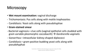 Microscopy
• Wet mount examination: vaginal discharge
- Trichomoniasis: Pus cells along with motile trophozoites
- Candidiasis: Yeast cells along with pseudohyphae
• Gram-stained smear
- Bacterial vaginosis—clue cells (vaginal epithelial cells studded with
gram variable pleomorphic coccobacilli)  Gardnerella vaginalis
- Gonorrhea—intracellular kidney-shaped diplococci
- Candidiasis—gram-positive budding yeast cells along with
pseudohyphae
Essentials of Medical Microbiology by Apurba S Sastry © 2018,
Jaypee Brothers Medical Publishers
 