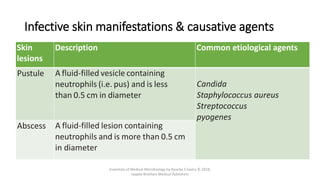 Infective skin manifestations & causative agents
Skin
lesions
Description Common etiological agents
Pustule A fluid-filled vesicle containing
neutrophils (i.e. pus) and is less
than 0.5 cm in diameter
Candida
Staphylococcus aureus
Streptococcus
pyogenes
Abscess A fluid-filled lesion containing
neutrophils and is more than 0.5 cm
in diameter
Essentials of Medical Microbiology by Apurba S Sastry © 2018,
Jaypee Brothers Medical Publishers
 