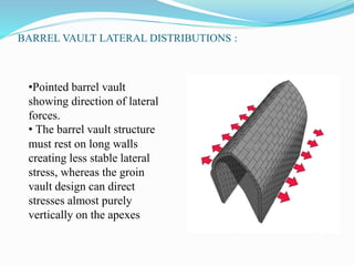 BARREL VAULT LATERAL DISTRIBUTIONS : 
•Pointed barrel vault 
showing direction of lateral 
forces. 
• The barrel vault structure 
must rest on long walls 
creating less stable lateral 
stress, whereas the groin 
vault design can direct 
stresses almost purely 
vertically on the apexes 
 