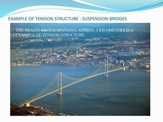 EXAMPLE OF TENSION STRUCTURE : SUSPENSION BRIDGES 
THE AKASHI BRIDGE SPANNING APPROX. 2 KILOMETERS IS A 
EXAMPLE OF TENSION STRUCTURE. 
 