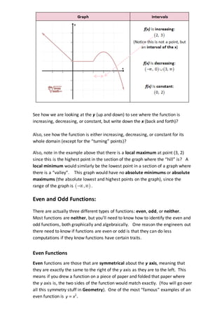 11/30/13

Compositions of Functions, Even and Odd, and Increasing and Decreasing - She Loves Math

See how we are looking at the y (up and down) to see where the function is
increasing, decreasing, or constant, but write down the x (back and forth)?
Also, see how the function is either increasing, decreasing, or constant for its
whole domain (except for the “turning” points)?
Also, note in the example above that there is a local maximum at point (3, 2)
since this is the highest point in the section of the graph where the “hill” is? A
local minimum would similarly be the lowest point in a section of a graph where
there is a “valley”. This graph would have no absolute minimums or absolute
maximums (the absolute lowest and highest points on the graph), since the
range of the graph is
.

Even and Odd Functions:
There are actually three different types of functions: even, odd, or neither.
Most functions are neither, but you’ll need to know how to identify the even and
odd functions, both graphically and algebraically. One reason the engineers out
there need to know if functions are even or odd is that they can do less
computations if they know functions have certain traits.

Even Functions
Even functions are those that are symmetrical about the y axis, meaning that
they are exactly the same to the right of the y axis as they are to the left. This
means if you drew a function on a piece of paper and folded that paper where
the y axis is, the two sides of the function would match exactly. (You will go over
all this symmetry stuff in Geometry). One of the most “famous” examples of an
even function is
www.shelovesmath.com/algebra/advanced-algebra/compositions-and-inverses-of-functions/

4/16

 