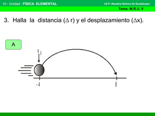 VI - Unidad : FÍSICA ELEMENTAL
Tema: M.R.U. V
I.E.P «Nuestra Señora de Guadalupe»
3. Halla la distancia (∆ r) y el desplazamiento (∆x).
x 0
- 4 8
A
 