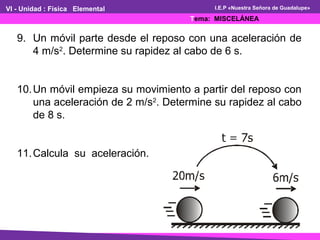 VI - Unidad : Física Elemental
Tema: MISCELÁNEA
I.E.P «Nuestra Señora de Guadalupe»
9. Un móvil parte desde el reposo con una aceleración de
4 m/s2
. Determine su rapidez al cabo de 6 s.
10.Un móvil empieza su movimiento a partir del reposo con
una aceleración de 2 m/s2
. Determine su rapidez al cabo
de 8 s.
11.Calcula su aceleración.
 