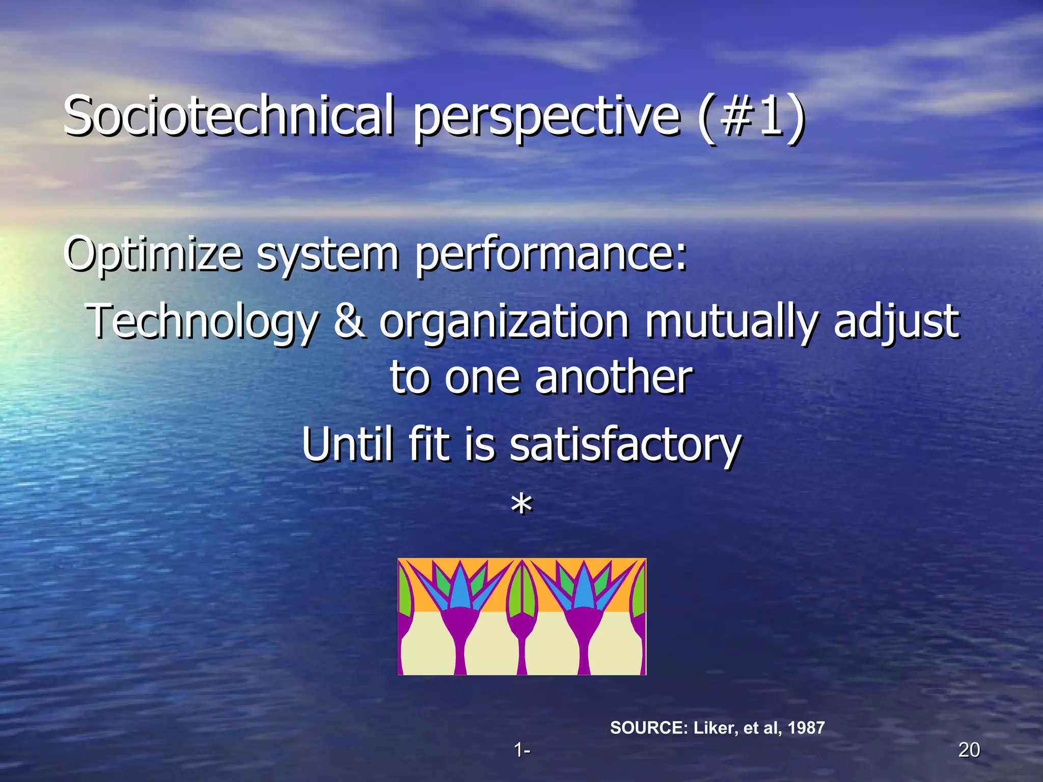 Sociotechnical perspective (#1) Optimize system performance: Technology & organization mutually adjust to one another Until fit is satisfactory * SOURCE: Liker, et al, 1987 