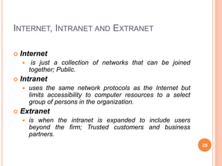 INTERNET, INTRANET AND EXTRANET
 Internet
 is just a collection of networks that can be joined
together; Public.
 Intranet
 uses the same network protocols as the Internet but
limits accessibility to computer resources to a select
group of persons in the organization.
 Extranet
 is when the intranet is expanded to include users
beyond the firm; Trusted customers and business
partners.
25
 