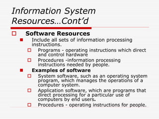 Information System
Resources…Cont’d
 Software Resources
 Include all sets of information processing
instructions.
 Programs - operating instructions which direct
and control hardware
 Procedures -information processing
instructions needed by people.
 Examples of software
 System software, such as an operating system
program, which manages the operations of a
computer system.
 Application software, which are programs that
direct processing for a particular use of
computers by end users.
 Procedures - operating instructions for people.
 