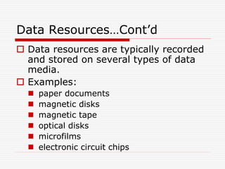 Data Resources…Cont’d
 Data resources are typically recorded
and stored on several types of data
media.
 Examples:
 paper documents
 magnetic disks
 magnetic tape
 optical disks
 microfilms
 electronic circuit chips
 