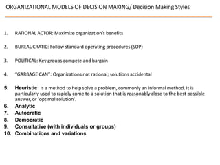 ORGANIZATIONAL MODELS OF DECISION MAKING/ Decision Making Styles



1.   RATIONAL ACTOR: Maximize organization’s benefits

2.   BUREAUCRATIC: Follow standard operating procedures (SOP)

3.   POLITICAL: Key groups compete and bargain

4.   “GARBAGE CAN”: Organizations not rational; solutions accidental

5.  Heuristic: is a method to help solve a problem, commonly an informal method. It is
    particularly used to rapidly come to a solution that is reasonably close to the best possible
    answer, or 'optimal solution'.
6. Analytic
7. Autocratic
8. Democratic
9. Consultative (with individuals or groups)
10. Combinations and variations
 