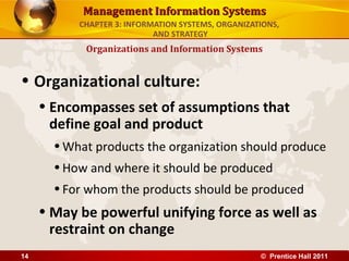 Management Information Systems
           CHAPTER 3: INFORMATION SYSTEMS, ORGANIZATIONS,
                            AND STRATEGY
            Organizations and Information Systems


• Organizational culture:
     • Encompasses set of assumptions that
       define goal and product
       • What products the organization should produce
       • How and where it should be produced
       • For whom the products should be produced
     • May be powerful unifying force as well as
       restraint on change
14                                                  © Prentice Hall 2011
 