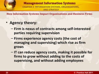 Management Information Systems
            CHAPTER 3: INFORMATION SYSTEMS, ORGANIZATIONS,
                             AND STRATEGY
How Information Systems Impact Organizations and Business Firms


• Agency theory:
     – Firm is nexus of contracts among self-interested
       parties requiring supervision
     – Firms experience agency costs (the cost of
       managing and supervising) which rise as firm
       grows
     – IT can reduce agency costs, making it possible for
       firms to grow without adding to the costs of
       supervising, and without adding employees


23                                                   © Prentice Hall 2011
 