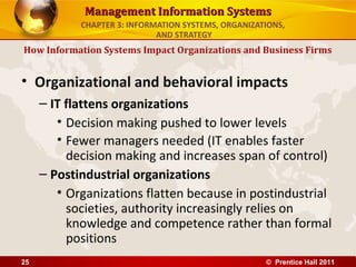 Management Information Systems
            CHAPTER 3: INFORMATION SYSTEMS, ORGANIZATIONS,
                             AND STRATEGY
How Information Systems Impact Organizations and Business Firms


• Organizational and behavioral impacts
     – IT flattens organizations
        • Decision making pushed to lower levels
        • Fewer managers needed (IT enables faster
          decision making and increases span of control)
     – Postindustrial organizations
        • Organizations flatten because in postindustrial
          societies, authority increasingly relies on
          knowledge and competence rather than formal
          positions
25                                                   © Prentice Hall 2011
 