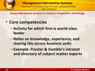 Management Information Systems
             CHAPTER 3: INFORMATION SYSTEMS, ORGANIZATIONS,
                              AND STRATEGY
     Using Information Systems to Achieve Competitive Advantage


• Core competencies
     – Activity for which firm is world-class
       leader
     – Relies on knowledge, experience, and
       sharing this across business units
     – Example: Procter & Gamble’s intranet
       and directory of subject matter experts


44                                                    © Prentice Hall 2011
 