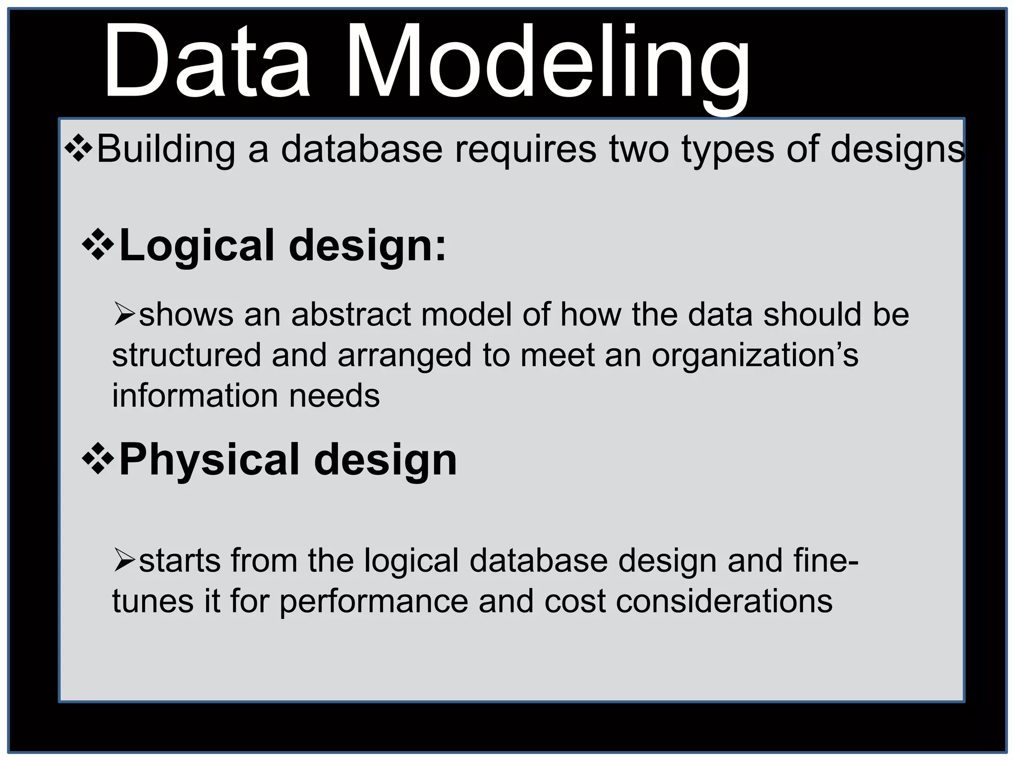 Data Modeling
Building a database requires two types of designs

Logical design:
  shows an abstract model of how the data should be
  structured and arranged to meet an organization’s
  information needs

Physical design

  starts from the logical database design and fine-
  tunes it for performance and cost considerations
 