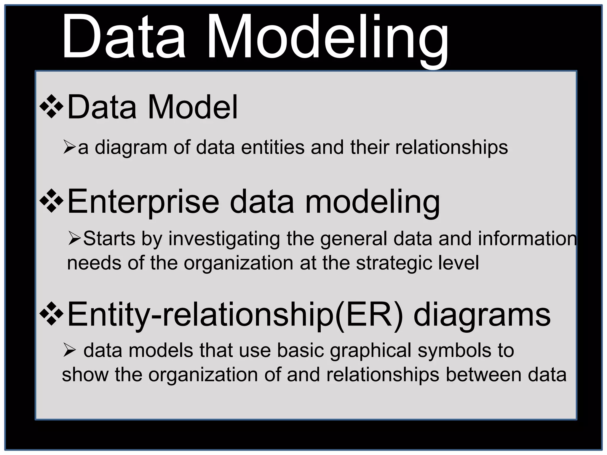 Data Modeling
Data Model
 a diagram of data entities and their relationships

Enterprise data modeling
 Starts by investigating the general data and information
 needs of the organization at the strategic level

Entity-relationship(ER) diagrams
  data models that use basic graphical symbols to
 show the organization of and relationships between data
 