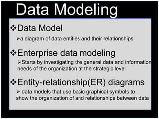 Data Modeling
Data Model
 a diagram of data entities and their relationships

Enterprise data modeling
 Starts by investigating the general data and information
 needs of the organization at the strategic level

Entity-relationship(ER) diagrams
  data models that use basic graphical symbols to
 show the organization of and relationships between data
 