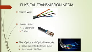 PHYSICAL TRANSMISSION MEDIA
 Twisted Wire
 Coaxial Cable
 TV cable wire
 Thicker
 Fiber Optics and Optical Networks
 Data is transmitted with light pulses
 Speeds up to 100 Gbps
 
