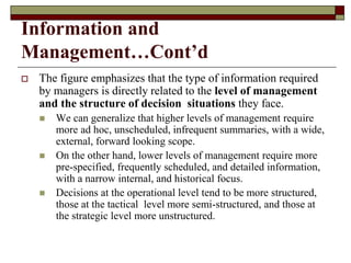 Information and
Management…Cont’d
 The figure emphasizes that the type of information required
by managers is directly related to the level of management
and the structure of decision situations they face.
 We can generalize that higher levels of management require
more ad hoc, unscheduled, infrequent summaries, with a wide,
external, forward looking scope.
 On the other hand, lower levels of management require more
pre-specified, frequently scheduled, and detailed information,
with a narrow internal, and historical focus.
 Decisions at the operational level tend to be more structured,
those at the tactical level more semi-structured, and those at
the strategic level more unstructured.
 