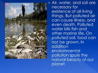  Air, water, and soil are
necessary for
existence of all living
things. But polluted air
can cause illness, and
even death. Polluted
water kills fish and
other marine life. On
polluted soil, food can
not be grown. In
addition
environmental
pollution spoils the
natural beauty of our
planet.
 