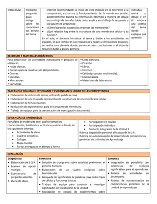intracelular

mediante
preguntas
guías
indaga
sobre los
conocimien 
tos previos 
del tema

internet recomendados al inicio de este módulo en lo referente a la
composición, estructura y funcionamiento de la membrana celular,
posteriormente plasma tu información obtenida a manera de dibujo
en una hoja de tamaño doble carta, explica en el dibujo la respuesta a
las siguientes preguntas:
¿Cómo logran las sustancias atravesar las membranas?
¿Qué relación hay entre la estructura de una membrana celular y su
función?
En el aula, el docente introduce al tema y divide a los estudiantes en
equipos, lo que comparan sus respuestas y llegan a conclusiones grupales,
se realiza una plenaria donde presentan esas conclusiones y el docente
resuelve dudas y guía la plenaria

individual
revisa
su
dibujo y en
él elabora
una síntesis
del
tema
donde
explique qué
aprendió

RECURSOS Y MATERIALES DIDÁCTICOS
Para desarrollar las actividades individuales y grupales se • Cinta adhesiva.
utilizarán:
• Pizarrón.
• Hojas blancas.
• Libros.
• Carpeta para la construcción del portafolio.
• Internet.
• Colores.
• Cañón (proyector multimedia).
• Crayolas.
• Computadora.
• Marcadores.
• Materiales de laboratorio.
• Cartulinas.
TAREAS QUE REALIZA EL ESTUDIANTE Y EVIDENCIAN EL LOGRO DE LAS COMPETENCIAS
 Elaboración de síntesis de temas, utilizando palabras clave
 Elaboración de una maqueta representando la estructura de una membrana celular
 Elaboración de fichas resumen
 Realización de experimentos para el transporte de membrana
 Trabajo de equipos para la presentación de investigación documental
EVIDENCIAS DE APRENDIZAJE
Portafolio de evidencias en el cual se toman los
conocimientos, habilidades, actitudes y valores a través de
los siguientes criterios:
 Actividades de clase
 Cuadros sinópticos
 Collages
 Mapa mental
 Tareas entregadas en tiempo y forma

 Participación en equipo
 Participación individual
 Producto Integrador de la Unidad 1
Rúbrica disposición personal al trabajo de la U.A.
Rubrica de autoevaluación de desarrollo de competencias
genéricas de la Unidad de Aprendizaje

EVALUACIÓN
Diagnóstica
 Elaboración de S-Q-A
 Examen de opción
múltiple
 Cuestionario
de
preguntas abiertas
 Lluvia de ideas.

Formativa
 Solución de crucigrama sobre actividad preliminar: el
genoma humano.
 Elaboración de un cuadro sinóptico sobre
biomoléculas
 Búsqueda de significados de palabras clave sobre tipos
de células y funciones básicas
 Trabajo de equipo para construir e investigar
significados de vocabulario de la Unidad
 Realización en equipo de experimentos sobre

Sumativa
 Integración de portafolio con
evidencias
de
trabajos
significativos para el aprendizaje.
 Rúbrica de actividades de
desempeño.
 Rúbrica de autoevaluación de
competencias genéricas de la
Unidad de Aprendizaje

 