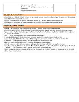 transporte de membrana
 Elaboración de pictogramas para el resumen de
contenidos.
 Elaboración de esquemas.
BIBLIOGRAFÍA PARA EL ALUMNO
ARIAS, M. J. de J. (2010). Biología II. Guía de Aprendizaje para el Bachillerato General por Competencias. Guadalajara,
Jalisco. Editorial Universitaria de la U. de G.
Alonso, E. (2004). Biología. Un enfoque integrador (Segunda ed.). México: McGraw-Hill Interamericana.
Cervantes, M., & Hernández, M. (2008). Biología General (Quinta ed.), México: Grupo Editorial Patria.
BIBLIOGRAFÍA PARA EL MAESTRO
Audesirk, T., & Audesirk, G. (1997). Biología 1 (Cuarta ed.). México: Prentice-Hall Hispanoamérica.
Bernstein, R., & Bernstein, S. (2001). Biología (Primera ed.). Santafé de Bogotá, Colombia: McGraw-Hill Interamericana.
Biggs, A.,Hagins, W., Kapicka, C., Lundgren, L., Mackenzie, A., Rogers, W., Sewer, M., & Zike, D. (2009). Biología. (Primera
ed.). México: Mc Graw Hill.
Curtis, E., (1997). Biología (Cuarta ed.), México: Médica Panamericana.
De Erice, E., & González, A. (2009).Biología, La ciencia de la vida (Primera ed.). México: Mc Graw Hill.
Jiménez Garcia, L. F., & Merchant Larios, H. (2003). Biología Celular y Molecular (1ra. ed.). México: Prentice Hall.
M., & Lauría, L. (2000). Biología (Primera ed.). México: McGraw-Hill Interamericana
Mader, S., (2003). Biología (Séptima ed.). Colombia: McGraw-Hill Interamericana.
Miller, K., & Levine, J. (2004).Biología (Cuarta ed.). Upper Saddle River, NJ, EE.UU.: Pearson, Prentice Hall.
Muñiz, E., Velasco, T., Albarracín, C., Correa, M., Magaña, C., Morales, M., Lunar, R., Jiménez, M., Rodríguez, Starr, C., &
Tagart, R. (2004). Biología I (10a ed.). México: International Thomson Editores.
Valdivia Urdiales, B., Granillo Velázquez, P., & Virrareal Domínguez, M. d. (2003). Biología, La vida y sus procesos (1ra ed.).
México: Grupo Patria Cultural

 