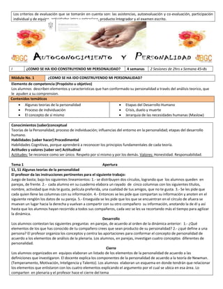 Los criterios de evaluación que se tomarán en cuenta son: las asistencias, autoevaluación y co-evaluación, participación
individual y de equipo, actividades intra y extraclase, producto Integrador y el examen escrito.

I

¿COMO SE HA IDO CONSTRUYENDO MI PERSONALIDAD?

Módulo No. 1

4 semanas

2 Sesiones de 2hrs x Semana 4S=8s

¿COMO SE HA IDO CONSTRUYENDO MI PERSONALIDAD?

Elemento de competencia (Propósito u objetivo)
Los alumnos describen elementos y caracteristicas que han conformado su personalidad a través del análisis teorico, que
le ayuden a su comprension.
Contenidos temáticos




Algunas teorias de la personalidad
Proceso de individuación
El concepto de sí mismo





Etapas del Desarrollo Humano
Crisis, duelo y muerte
Jerarquia de las necesidades humanas (Maslow)

Conocimientos (saber)conceptual
Teorías de la Personalidad; proceso de individuación; influencias del entorno en la personalidad; etapas del desarrollo
humano.
Habilidades (saber hacer) Procedimental
Habilidades Cognitivas, porque aprenderá a reconocer los principios fundamentales de cada teoría.
Actitudes y valores (saber ser) Actitudinal
Actitudes: Se reconoce como ser único. Respeto por sí mismo y por los demás. Valores: Honestidad. Responsabilidad.
Tema 1
Apertura
S1, S1 Algunas teorias de la personalidad
El profesor da las instrucciones pertinentes para el siguiente trabajo:
Juego de basta; bajo los siguientes lineamientos: 1.- se distribuyen dos círculos, logrando que los alumnos queden en
parejas, de frente. 2.- cada alumno en su cuaderno elabora un rayado de cinco columnas con los siguientes títulos,
nombre, actividad que más te gusta, película preferida, una cualidad de tus amigos, que no te gusta. 3.- Se les pide que
cada quien llene las columnas con su información. 4.- Entonces se les pide que compartan su información y anoten en el
siguiente renglón los datos de su pareja. 5.- Enseguida se les pide que los que se encuentran en el círculo de afuera se
muevan un lugar hacia la derecha y vuelvan a compartir con su otro compañero su información, anotando la de él y así
hasta que los alumnos hayan recorrido a todos sus compañeros, cada vez se les va recortando más el tiempo para agilizar
la dinámica.
Desarrollo
Los alumnos contestan las siguientes preguntas en parejas, de acuerdo al orden de la dinámica anterior: 1.- ¿Qué
elementos de los que has conocido de tu compañero crees que sean producto de su personalidad? 2.- ¿qué define a una
persona? El profesor organiza los conceptos y centra las aportaciones para conformar el concepto de personalidad de
acuerdo a los elementos de análisis de la plenaria. Los alumnos, en parejas, investigan cuatro conceptos diferentes de
personalidad.
Cierre
Los alumnos organizados en equipos elaboran un listado de los elementos de la personalidad de acuerdo a las
definiciones que investigaron. El docente explica los componentes de la personalidad de acuerdo a la teoría de Newman.
(Temperamento, Motivación, Inteligencia y Talento). Los alumnos elaboran un esquema en donde tendrán que relacionar
los elementos que enlistaron con los cuatro elementos explicando el argumento por el cual se ubica en esa área. Lo
comparten en plenaria y el profesor hace el cierre del tema

 