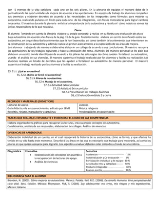 con 5 eventos de la vida cotidiana cada uno de los seis pilares. En la plenaria de equipos el maestro debe de ir
puntualizando las oportunidades de mejora de acuerdo a las aportaciones. En equipos de trabajo los alumnos comparten
sus creencias y elaboran decretos de acuerdo a las necesidades de los integrantes como fórmulas para mejorar su
autoestima, realizando pulseras en listón para cada uno de los integrantes, con frases motivadoras para lograr cambios
necesarios. El maestro durante la plenaria enfatiza la importancia de la autoestima y resalta el cómo nosotros somos los
únicos responsables de lo que nos pasa.
Cierre
El alumno: Tomando en cuenta la plenaria elabora su propio concepto y realiza en su libreta una evaluación de alta o
baja autoestima de acuerdo a las frases de la pág. 31 de la guía. Posteriormente elabora un escrito de reflexión sobre su
autoestima, en la que describa los elementos que la han favorecido, así como también la los elementos que intervienen en
la construcción de su autoestima y además realiza un primer acercamiento a la exploración de las áreas de mejora.
Los alumnos trabajando de manera colaborativa elaboran un collage de acuerdo a sus conclusiones. El maestro recupera
las aportaciones de los trabajos expuestos y hace la conclusión del tema. Alumnos: De manera personal se les pide que
elaboren un escrito donde identifiquen de acuerdo a los pilares las estrategias de cómo pueden fortalecer su autoestima,
usando el análisis de sus vivencias. El maestro supervisa el trabajo realizado por los alumnos y facilita su realización. Los
alumnos realizan un listado de decretos que les ayuden a fortalecer su autoestima de manera personal. El maestro
supervisa el trabajo realizado por los alumnos y facilita su realización.
S5, S1 1. ¿Qué es autoestima?
S5, S2 2. ¿Cómo se formó mi autoestima?
S6, S1 3. Pilares de la autoestima.
S6, S2 4. Manejo de mi autoestima.
S7, S1 Actividad Extracurricular
S7, S2 Actividad Extracurricular
S8, S1 Presentación de Trabajos Alumnos
S8, s2 Evaluación módulo 2 y cierre
RECURSOS Y MATERIALES (DIDÁCTICOS)
Lecturas de apoyo
Guía didáctica de autoconocimiento, editada por SEMS
Recortes, resistol, marcadores y cartulinas

Listones
Música relajante
Presentaciones en power point

TAREAS QUE REALIZA EL ESTUDIANTE Y EVIDENCIAN EL LOGRO DE LAS COMPETENCIAS
Elabora organizadores gráficos para recuperar las lecturas, crea su propio concepto de autoestima.
Cuestionarios, análisis de sus respuestas, elaboración de collages. Análisis de vivencias.
EVIDENCIAS DE APRENDIZAJE
Elaboración individual de un cuento, en el cual recuperará la historia de su autoestima, cómo se formó, y que efectos ha
tenido en su vida hasta este momento. Describirá las áreas en las que es necesario que trabaje para mejorarla, así como los
pilares en que quiere apoyarse para lograrlo. Los aspectos a evaluar deberán estar indicados a través de una rúbrica.
Diagnóstica

Formativa
 Incorporación de conceptos de acuerdo a
la recuperación de lecturas de apoyo.
 Análisis de vivencias

Sumativa
Asistencias---------------------------------- 5%
Autoevaluación y Co-evaluación ---- 5%
Participación individual y de equipo- 10 %
Actividades intra y extraclase--------- 40 %
Producto Integrador---------------------- 30 %
Examen escrito --------------------------- 10 %

BIBLIOGRAFÍA PARA EL ALUMNO
Branden, N. (2000). Cómo mejorar su autoestima. México: Paidós. Kail, R.D. (2006). Desarrollo Humano. Una perspectiva del
ciclo vital. 3era. Edición. México: Thompson. Pick, S. (2004). Soy adolescente: mis retos, mis riesgos y mis expectativas.
México: Idéame

 