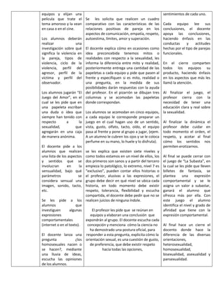 equipos y elijan una
película que trate el Se les solicita que realicen un cuadro
tema amoroso y la vean comparativo con las características de las
en casa o en el cine.
relaciones positivas de pareja en los
aspectos de comunicación, empatía, respeto,
Los alumnos deberán autoestima, límites, amor y superación.
realizar
una
investigación sobre qué El docente explica cómo en ocasiones como
significa la violencia en idea preconcebida tenemos mitos o
la pareja, tipos de realidades con respecto a la sexualidad, les
violencia, ciclo de la informa la diferencia entre mito y realidad,
violencia, perfil del posteriormente entrega una cantidad de las
agresor, perfil de la papeletas a cada equipo y pide que pasen al
víctima y perfil del frente y especifiquen si es mito, realidad o
observador.
una pregunta, en la medida de sus
posibilidades darán respuestas con la ayuda
Los alumnos jugarán “El del profesor. En el pizarrón se dibujan tres
Juego del Amor”, en el columnas y se acomodan las papeletas
cual se les pide que en donde correspondan.
una papeleta escriban
una duda o idea que Los alumnos se acomodan en cinco equipos,
siempre han tenido con a cada equipo le corresponde preparar un
respecto
a
la juego en el cual hagan uso de un sentido,
sexualidad,
que vista, gusto, olfato, tacto, oído, el equipo
agregarán en una caja pasa al frente y pone al grupo a jugar, (ejem.
de manera anónima.
A un alumno le cubren los ojos y se le coloca
perfume en su mano, lo huele y lo disfruta).
El docente pide a los
alumnos que realicen se les explica que existen siete niveles y
una lista de los aspectos como todos estamos en un nivel de ellos, los
y sentidos que se dos primeros son sanos y a partir del tercero
involucran
en
la empieza lo patológico, lo extremo, nivel 7 es
sensualidad, bajo qué “exclusivo”, pueden contar ellos historias o
parámetros
se el profesor, alusivas a las expresiones, el
considera sensual una grupo debe decir en qué nivel se ubica cada
imagen, sonido, tacto, historia, en todo momento debe existir
etc.
respeto, tolerancia, flexibilidad y escucha
compartida, el docente debe pedir que no se
Se les pide a los realicen juicios de ninguna índole.
alumnos
que
investiguen
algunas
El profesor les pide que se reúnan en
expresiones
equipos y elaboran una conclusión que
comportamentales
expondrán al grupo. El docente escucha cada
(internet o en el texto).
concepción y menciona cómo la ciencia no
ha demostrado una postura oficial, para
El docente lanza una responder a esta pregunta, explicita cómo la
pregunta
¿los orientación sexual, es una cuestión de gusto,
homosexuales nacen o
de preferencia, que debe existir respeto
se hacen?, mediante
hacia todas las opciones,
una lluvia de ideas,
escucha las opiniones
de los alumnos.

sentimientos de cada uno.
Cada equipo lee sus
conclusiones, el docente
apoya las conclusiones,
haciendo énfasis en las
conductas
y
actitudes
hechas por el tipo de parejas
funcionales.
En el cierre comparten
todos los equipos su
producto, haciendo énfasis
en los aspectos que más les
llamó la atención.
Al finalizar el juego, el
profesor cierra con la
necesidad de tener una
educación clara y real sobre
la sexualidad.
Al finalizar la dinámica el
profesor debe cuidar en
todo momento el orden, el
respeto, y acotar al final
cómo los sentidos nos
permiten erotizarnos.
Al final se puede cerrar con
el juego de “La Subasta”, en
la cual se les pide que lleven
billetes de fantasía, se
plantea
una
expresión
comportamental y se le
asigna un valor a subastar,
ganará el alumno que
ofrezca más por ella. Con
este juego el alumno
identifica el nivel y grado de
afinidad que tiene con la
expresión comportamental.
Al final hace un cierre el
docento donde hace la
diferencia de las diversas
orientaciones,
heterosexualidad,
homosexualidad,
bisexualidad, asexualidad y
pansexualidad.

 