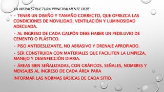 LA INFRAESTRUCTURA PRINCIPALMENTE DEBE:
• TENER UN DISEÑO Y TAMAÑO CORRECTO, QUE OFREZCA LAS
CONDICIONES DE MOVILIDAD, VENTILACIÓN Y LUMINOSIDAD
ADECUADA.
• AL INGRESO DE CADA GALPÓN DEBE HABER UN PEDILUVIO DE
CEMENTO O PLÁSTICO.
• PISO ANTIDESLIZANTE, NO ABRASIVO Y DRENAJE APROPIADO.
• SER CONSTRUIDA CON MATERIALES QUE FACILITEN LA LIMPIEZA,
MANEJO Y DESINFECCIÓN DIARIA.
• ÁREAS BIEN SEÑALIZADAS, CON GRÁFICOS, SEÑALES, NOMBRES Y
MENSAJES AL INGRESO DE CADA ÁREA PARA
INFORMAR LAS NORMAS BÁSICAS DE CADA SITIO.
 