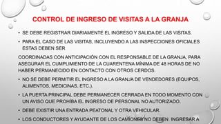 CONTROL DE INGRESO DE VISITAS A LA GRANJA
• SE DEBE REGISTRAR DIARIAMENTE EL INGRESO Y SALIDA DE LAS VISITAS.
• PARA EL CASO DE LAS VISITAS, INCLUYENDO A LAS INSPECCIONES OFICIALES
ESTAS DEBEN SER
COORDINADAS CON ANTICIPACIÓN CON EL RESPONSABLE DE LA GRANJA, PARA
ASEGURAR EL CUMPLIMIENTO DE LA CUARENTENA MÍNIMA DE 48 HORAS DE NO
HABER PERMANECIDO EN CONTACTO CON OTROS CERDOS.
• NO SE DEBE PERMITIR EL INGRESO A LA GRANJA DE VENDEDORES (EQUIPOS,
ALIMENTOS, MEDICINAS, ETC.).
• LA PUERTA PRINCIPAL DEBE PERMANECER CERRADA EN TODO MOMENTO CON
UN AVISO QUE PROHÍBA EL INGRESO DE PERSONAL NO AUTORIZADO.
• DEBE EXISTIR UNA ENTRADA PEATONAL Y OTRA VEHICULAR.
• LOS CONDUCTORES Y AYUDANTE DE LOS CAMIONES NO DEBEN INGRESAR A
 