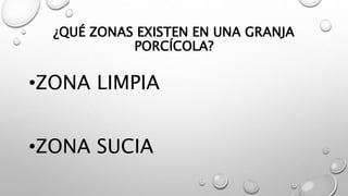 ¿QUÉ ZONAS EXISTEN EN UNA GRANJA
PORCÍCOLA?
•ZONA LIMPIA
•ZONA SUCIA
 