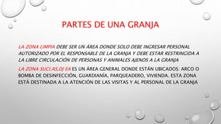 PARTES DE UNA GRANJA
LA ZONA LIMPIA DEBE SER UN ÁREA DONDE SOLO DEBE INGRESAR PERSONAL
AUTORIZADO POR EL RESPONSABLE DE LA GRANJA Y DEBE ESTAR RESTRINGIDA A
LA LIBRE CIRCULACIÓN DE PERSONAS Y ANIMALES AJENOS A LA GRANJA
LA ZONA SUCI.AS,DJ EA ES UN ÁREA GENERAL DONDE ESTÁN UBICADOS: ARCO O
BOMBA DE DESINFECCIÓN, GUARDIANÍA, PARQUEADERO, VIVIENDA. ESTA ZONA
ESTÁ DESTINADA A LA ATENCIÓN DE LAS VISITAS Y AL PERSONAL DE LA GRANJA
 