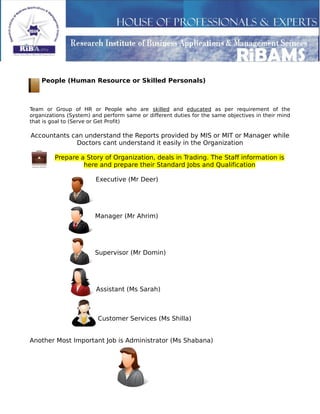 People (Human Resource or Skilled Personals)
Team or Group of HR or People who are skilled and educated as per requirement of the
organizations (System) and perform same or different duties for the same objectives in their mind
that is goal to (Serve or Get Profit)
Accountants can understand the Reports provided by MIS or MIT or Manager while
Doctors cant understand it easily in the Organization
Prepare a Story of Organization, deals in Trading. The Staff information is
here and prepare their Standard Jobs and Qualification
Executive (Mr Deer)
Manager (Mr Ahrim)
Supervisor (Mr Domin)
Assistant (Ms Sarah)
Customer Services (Ms Shilla)
Another Most Important Job is Administrator (Ms Shabana)
 