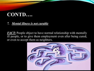 CONTD….
7. Mental illness is not curable
FACT: People object to have normal relationship with mentally
ill people, or to give them employment even after being cured,
or even to accept them as neighbors.
 