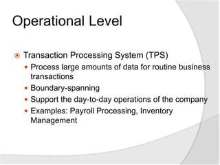 Operational Level
 Transaction Processing System (TPS)
 Process large amounts of data for routine business
transactions
 Boundary-spanning
 Support the day-to-day operations of the company
 Examples: Payroll Processing, Inventory
Management
 
