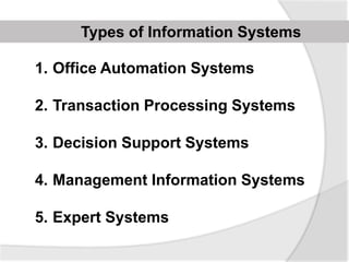 1. Office Automation Systems
2. Transaction Processing Systems
3. Decision Support Systems
4. Management Information Systems
5. Expert Systems
Types of Information Systems
 