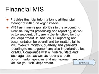 Financial MIS
 Provides financial information to all financial
managers within an organization.
 MIS has many responsibilities to the accounting
function. Payroll processing and reporting, as well
as tax accountability are major functions for the
MIS department. In addition, all reporting and
documentation for payroll and tax matters fall to
MIS. Weekly, monthly, quarterly and year-end
reporting to management are also important duties
for MIS. Compliance with all federal, state and
local agencies, as well as reports to both
governmental agencies and management are also
vital for your MIS department. Schematic
 