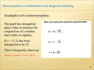 The pupil has misapplied place value to interpret the conjunction of a number and a letter in algebra.  If  x =  5, 2 x  has been interpreted to be 25. This is frequently observed. Source of pupil’s work: QCA 