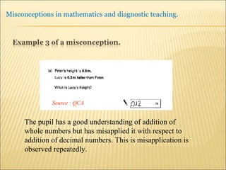 The pupil has a good understanding of addition of whole numbers but has misapplied it with respect to addition of decimal numbers. This is misapplication is observed repeatedly. Source : QCA 