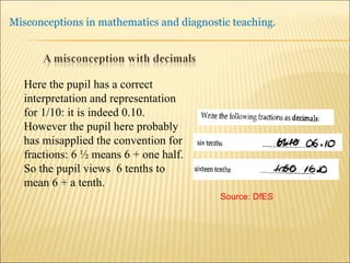 Here the pupil has a correct interpretation and representation for 1/10: it is indeed 0.10. However the pupil here probably has misapplied the convention for fractions: 6 ½ means 6 + one half. So the pupil views  6 tenths to mean 6 + a tenth.  Source: DfES 